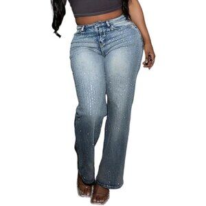 Women’s Rhinestone Glitter Jeans Baggy High Waist Wide Leg Y2K Style